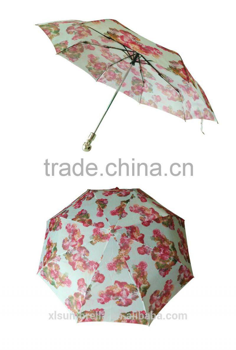 pretty floral nylon 3 fold automatic skull handle umbrella