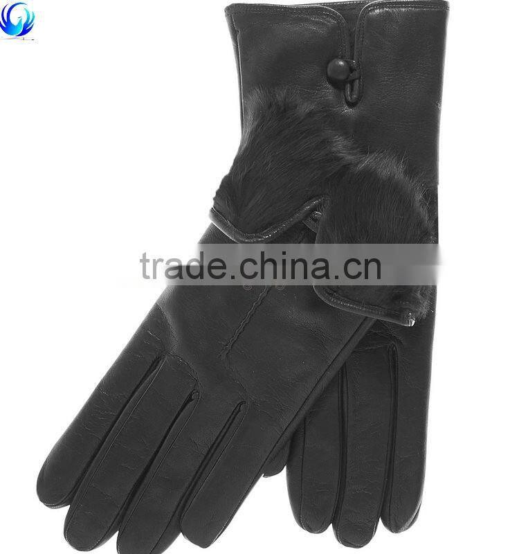 Winter rabbit fur lined women brown nappa leather touch screen gloves