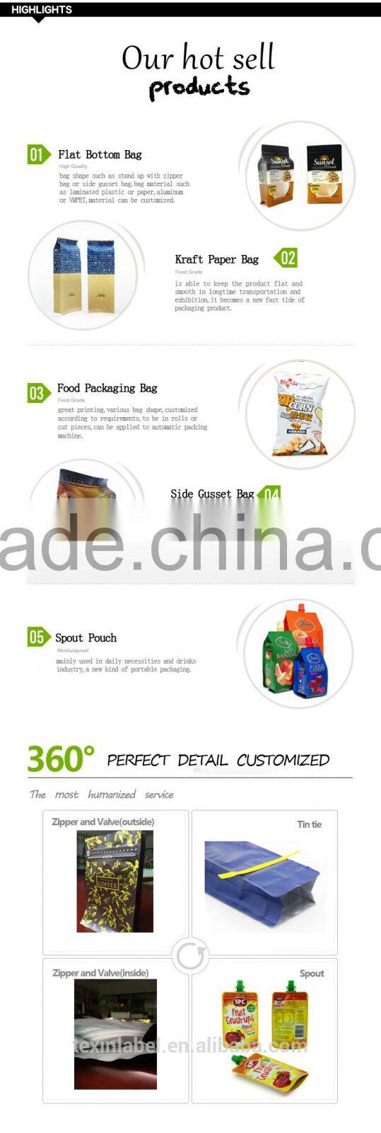 china whosale price factory stand up zip lock custom printed plastic food bag for snacks/cookies