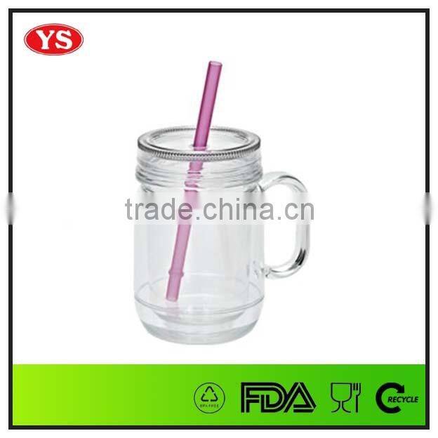 16 oz plastic mason jar with handles and lids