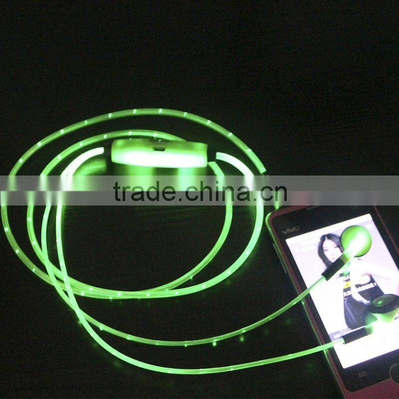 Hot sale Fashion 3.5mm LED earphone for mobile phone, Visible Flowing Light Audio Cable headphones with LED light