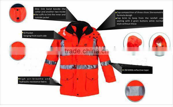 Four season multifuctinal Class 3 High Visibility Safety Waterproof Workwear Jacket