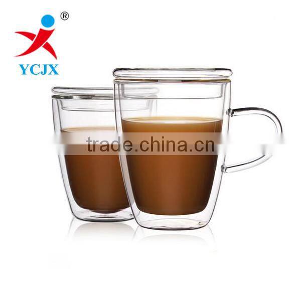 HANDMADE CLEAR DOUBLE WALL GLASS COFFEE CUP WITH LIDS