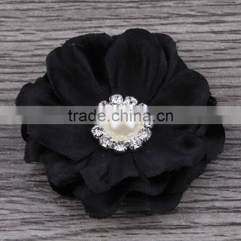 fabric flower with pearl rhinestone center for kids hair accessories
