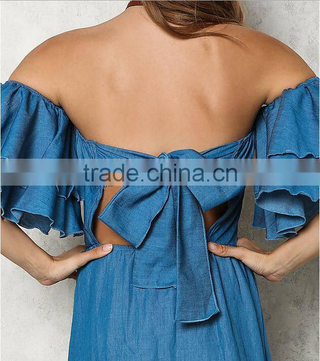 Blue Chambray Off Shoulder Bell Sleeve Maxi Denim Jeans Dress Ladies Western Dress Designs HSd5281