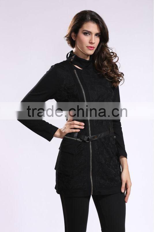 2014 New Arrival Ladies Asymmetrical Zip Long Coat Fashion Design Winter Overcoat
