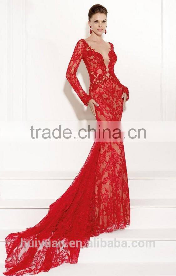 sexy lace backless mermaid long sleeve red evening dress