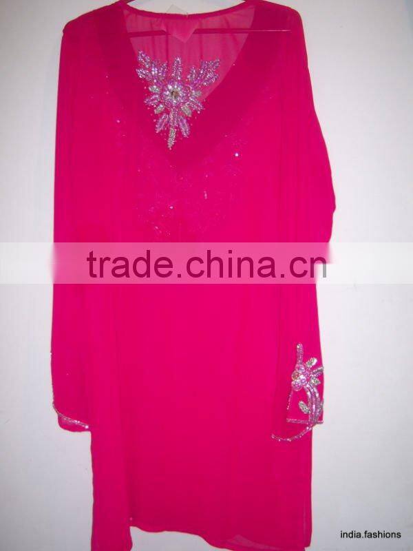 PINK GEORGETTE LONG TUNIC BLOUSE SHIRT Embroidered BOLLYWOOD kaftan cover up