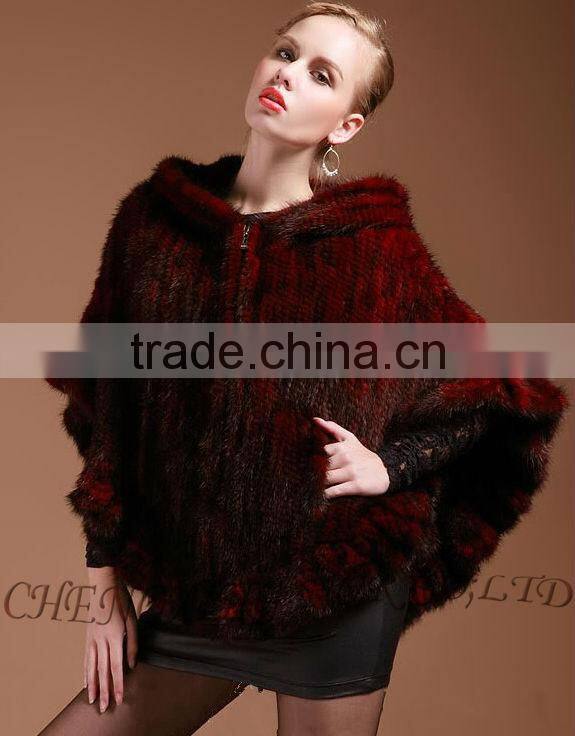 CX-B-M-06 Latest Womens Genuine Real Knitted Mink Fur Shawl Hoodied