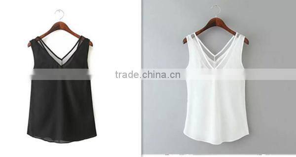 European and American style solid color V-neck blouses stitching gauze halter T-shirt Tank top women