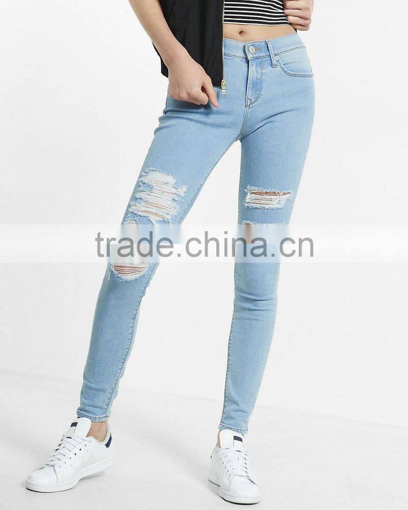 Mid rise five pocket style distressing leg new style jeans for lady