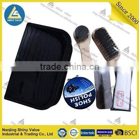 compact PVC bag shoe care kit with pig's hair shoe brush for men