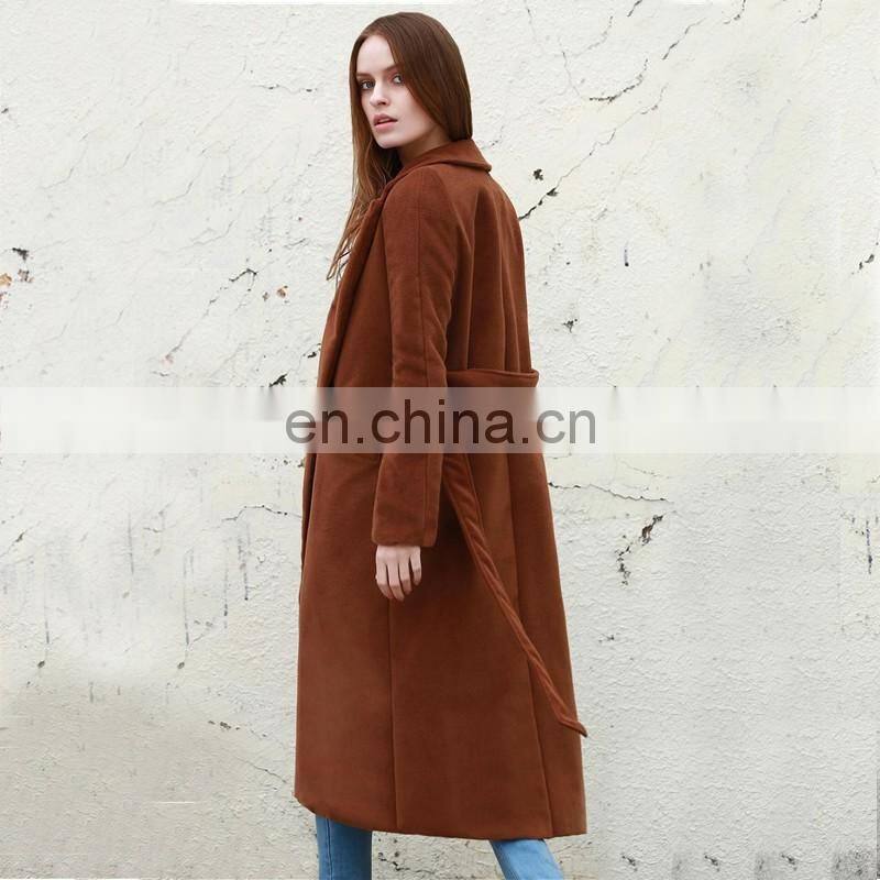 Fashion wide lapel design long brown wool coat for women