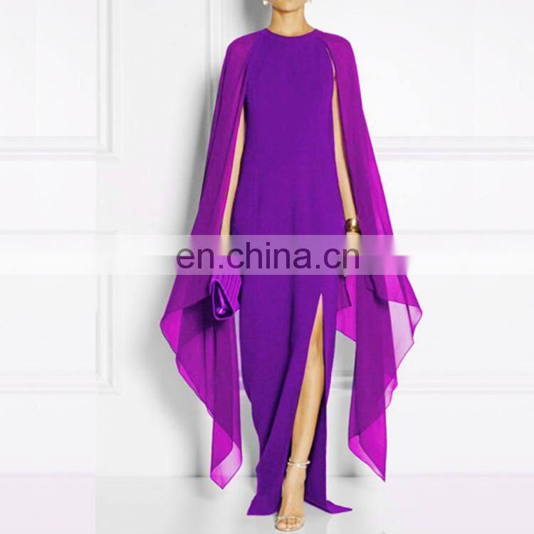 Fashion Chiffon Maxi Dress Solid Round Neck Batwing Sleeve High Slit Prom Dress