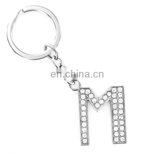 Silver jewelry wholesale white rhinestone letter m keychain for gifts