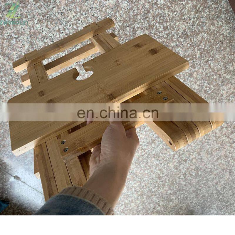 foldable bamboo table travel picnic tray cut out holds 4 stemmed wine glasses folds flat for easy transport with a carry bag