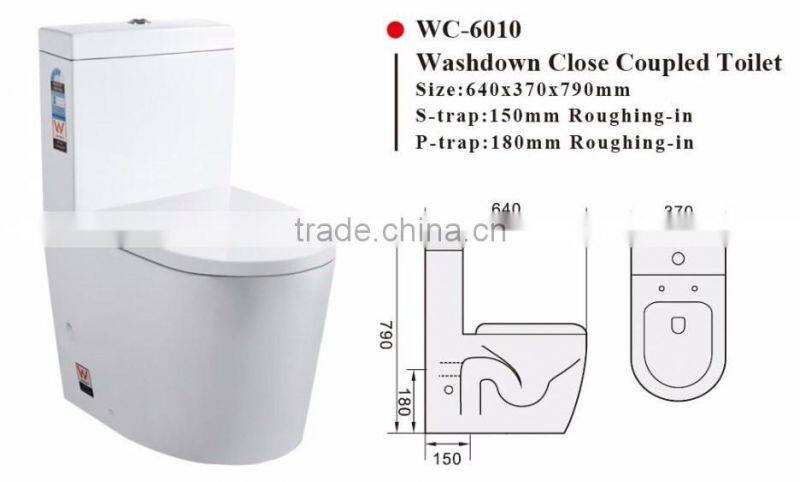 Two-Piece Washdown Watermark Toilet S/P Trap with Geberit or R&T Flush Valve Soft Closing Cover, Australian WELS WC-6010