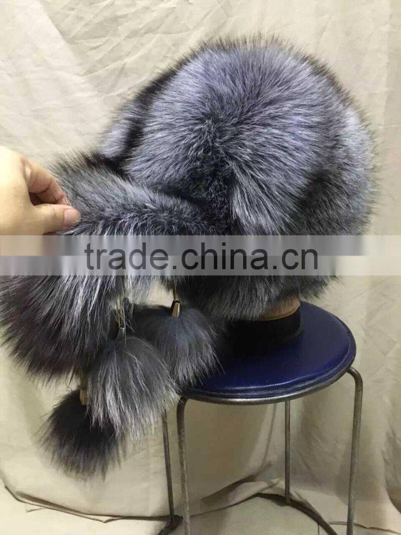 Hot Sale Natural Women Silver Fur Fox Mongolia Cap Princess Hat With Tail