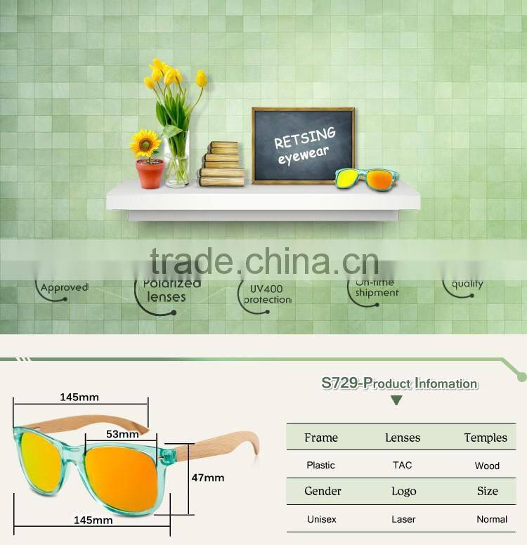 Combination sunglasses 2016 transparent green plastic frames mirror lens bamboo legs sunglasses