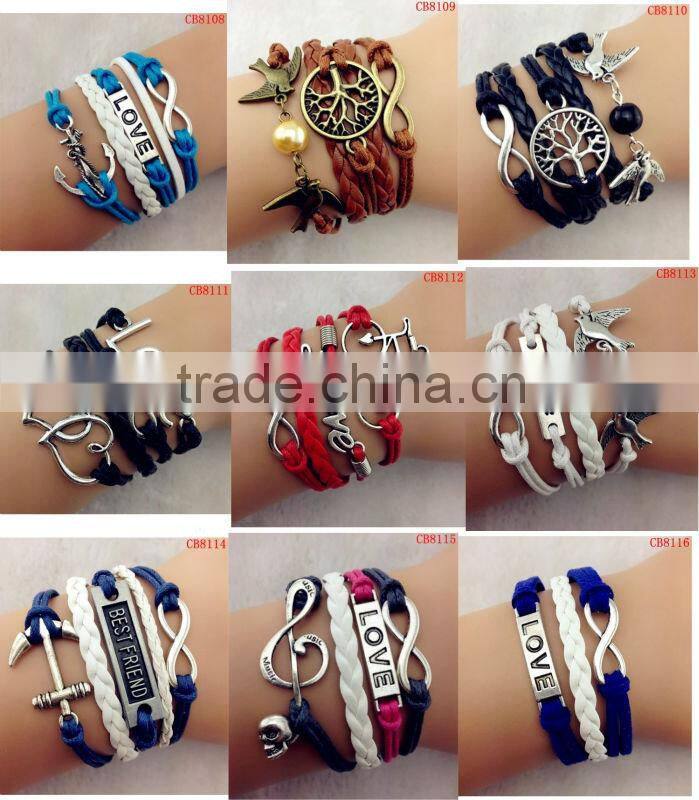CB8007 wholesale jewelry leather bracelet wax line accessory sliver bracelet frienship leather bracelet