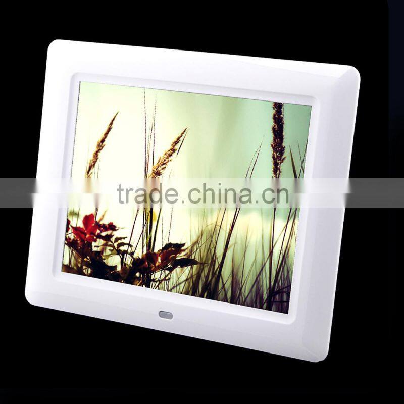 Shenzhen cheap 8 inch digital picture frames with clock, USB port and SD card slot
