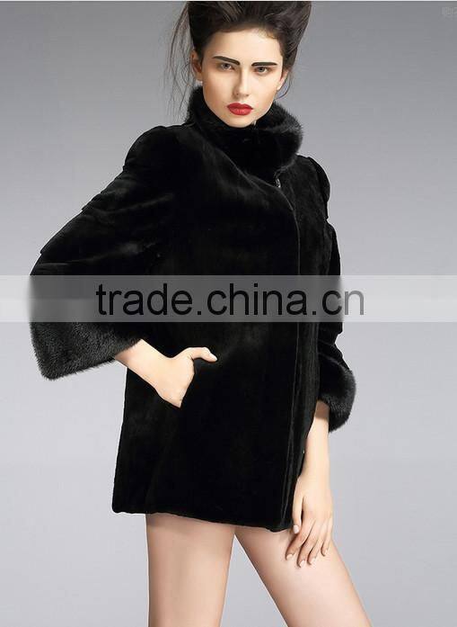 rex14052 sheeted rex rabbit fur coat mink collar cuffs stand collar