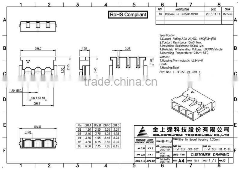 1.2mm Pitch 6 Pin Connector Plastic Electronic Housing