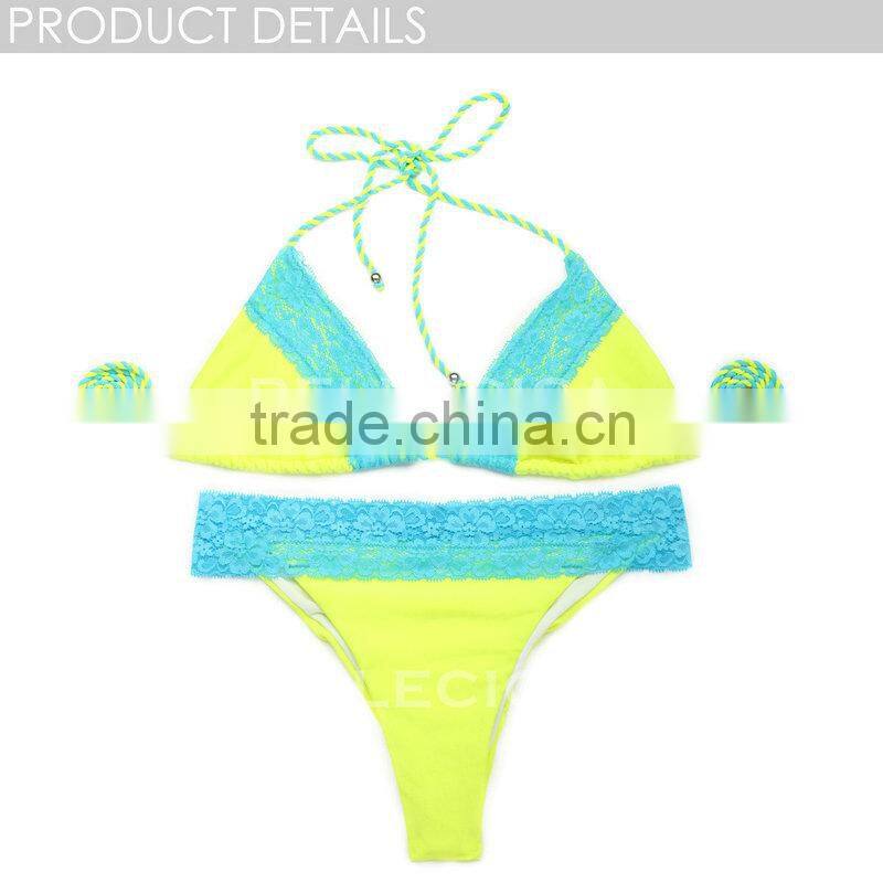 2016 RELLECIGA New Neon Yellow + Blue Floral Lace Bikini Swimsuit with Triangle Top and Brazilian Cut Scrunch B