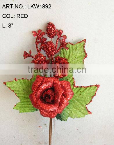 2014 Fresh Artificial Christmas Red Flower Pick 8" Artificial Rose Flower With Berries And Leaf