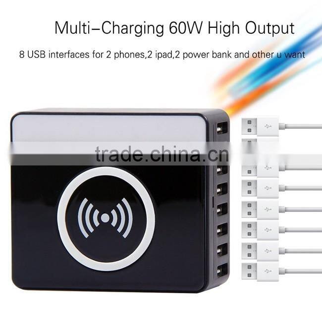 Newest and Popular Smart Wireless USB Hub Port 60W 8 USB Port Micro USB Wireless Charger for USB Device