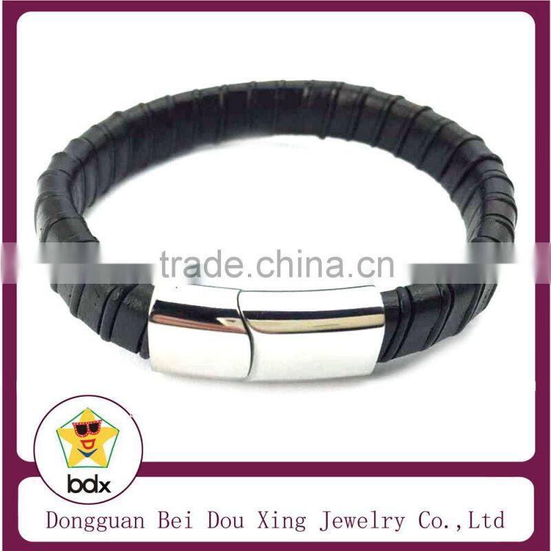 2015 Alibaba Wholesales Fashion Handmade Braided Leather Stainless Steel Magnetic Clasp Bracelet With Good Quality