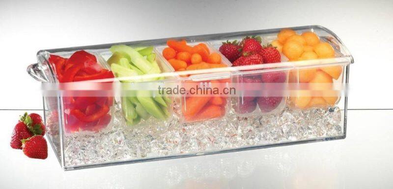 Acrylic chilled condiment container on ice snack serving tray