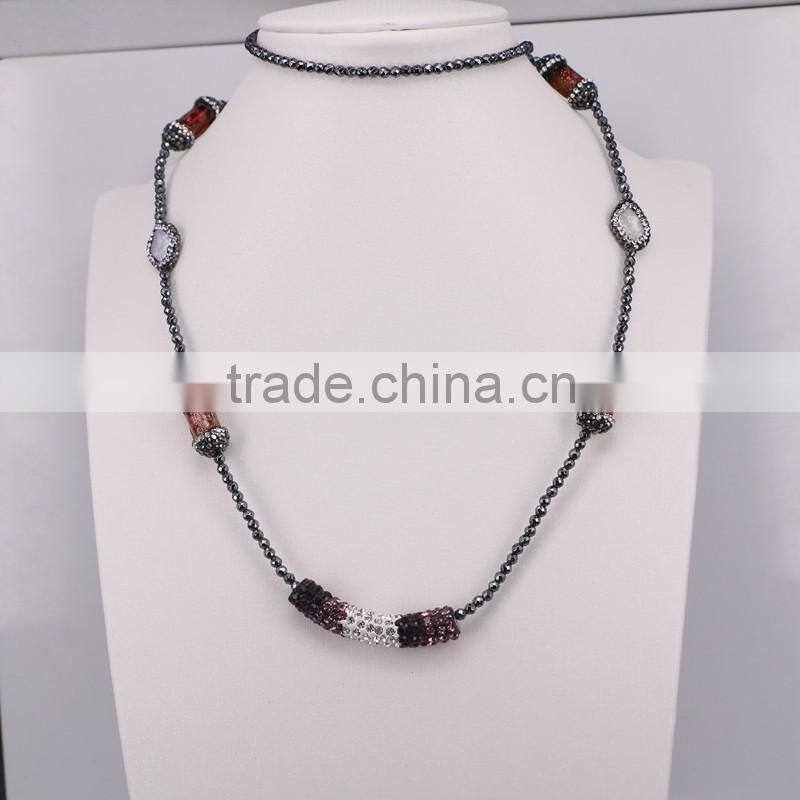 Charm Carved Shell Gem Necklace, with 3mm Black Hematite Beads Necklace, Pendant Druzy Natural Stone Necklace