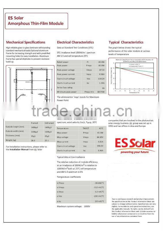 HotSale!!!90W amorphous silicon solar panel