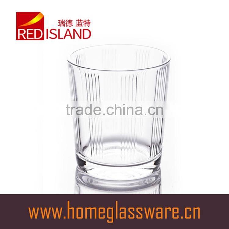 300ml clear glass cup with small bubbles at the bottom and embossed letter for drinking