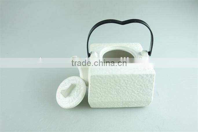 stocklot cheap white porcelain big capacity square shape teapot iron handle