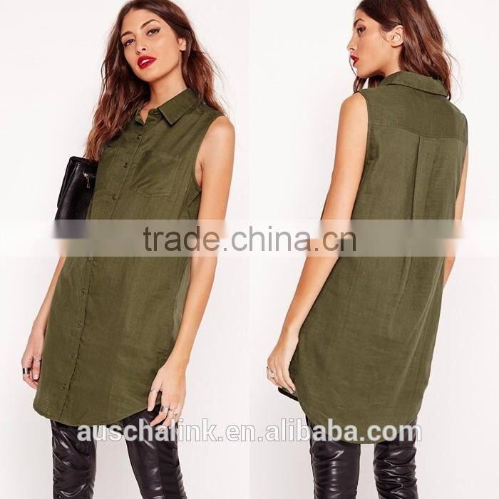 high quality elegant women khaki sleeveless soft material shirts