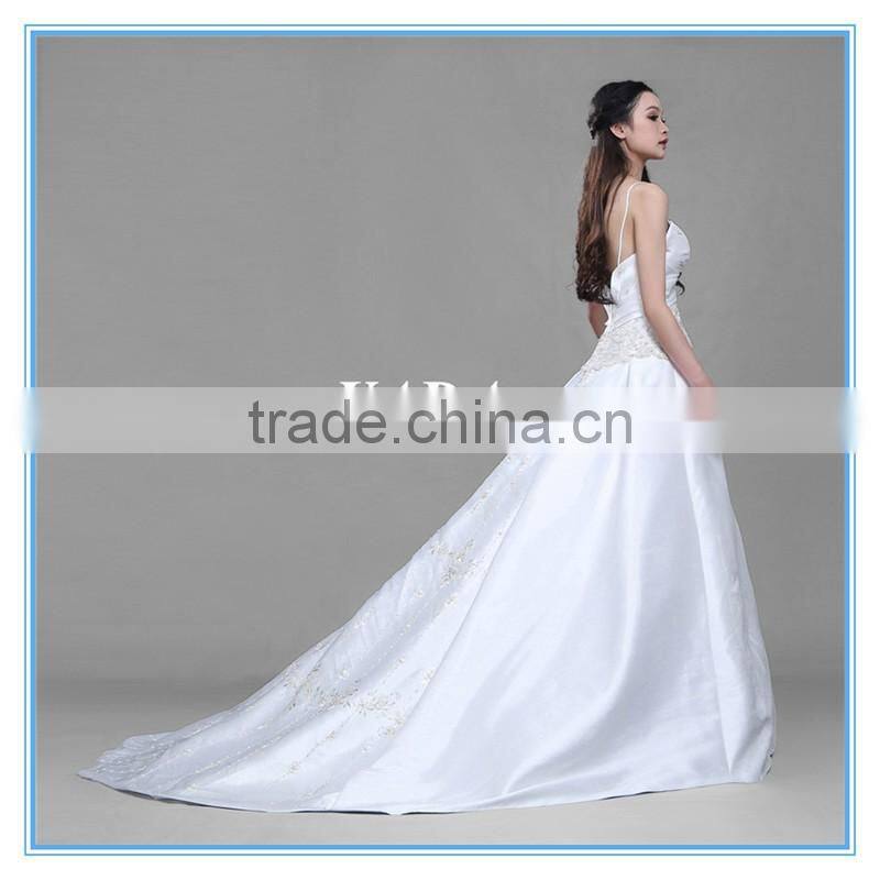 Custom Made Spaghetti Strap Douppioni Hand Embroidery and Beaded A Line Wedding Dress
