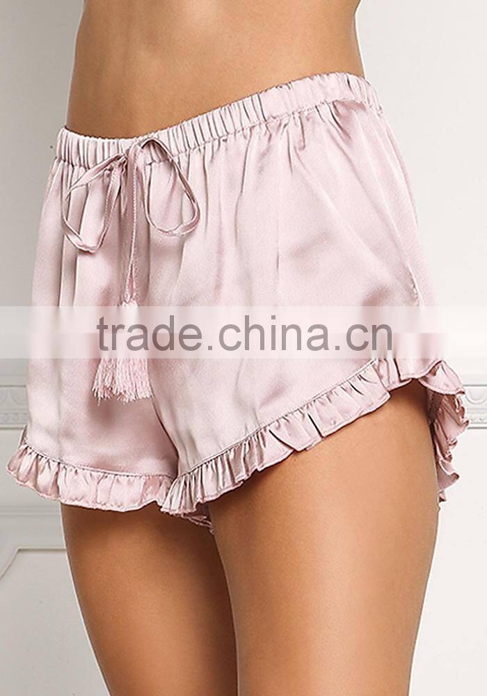 MGOO Foshan Manufacturer Satin Ruffle Trim Shorts High Waist Stretch Sleepwear Pink Plain Shorts