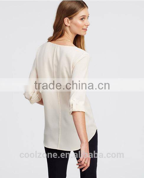 New fashion high quality crepe v neck long sleeve woman blouse