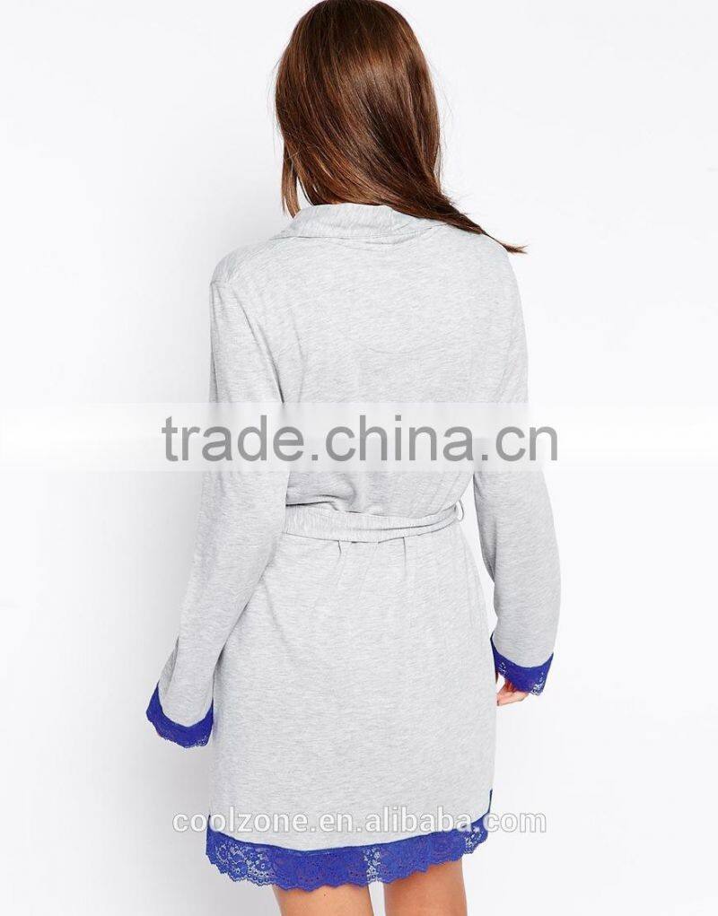 Open front design lightweight bath robe,women lace trim robe with self-tie belt