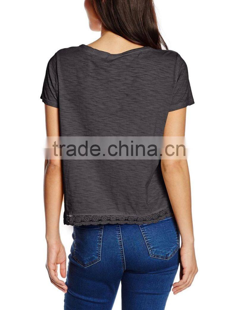 2016 Ladies thin O-neck blank t shirt with lace hem
