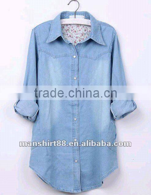 Fashionable European&American style 100%Cotton Light bule Denim/Retro shirt for Women/Ladies S,M,L,XL,XXL