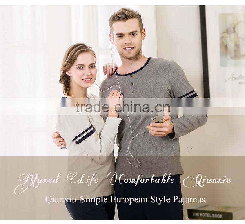 Best Price Qianxiu Long Sleeved Stylish Knit Cotton Couple Men Comfort Pajama