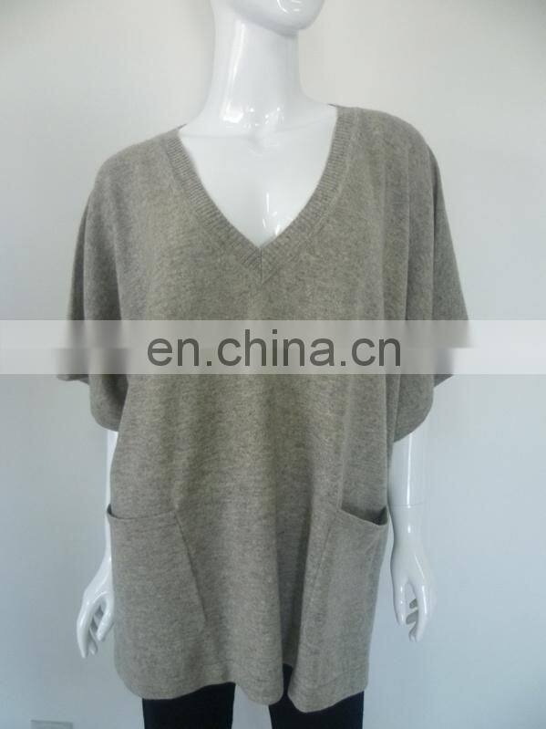 wholesale loose style V neck Short sleeve 100% pure cashmere pullover
