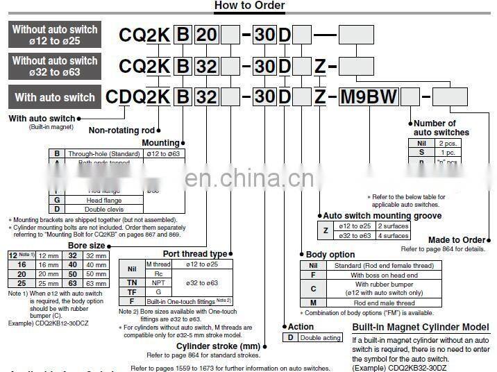 Non-rotating Rod Double Acting Single Rod 32 mm diameter 30 stroke CQ2KB32-30DZ Pneumatic Air Compact Cylinders