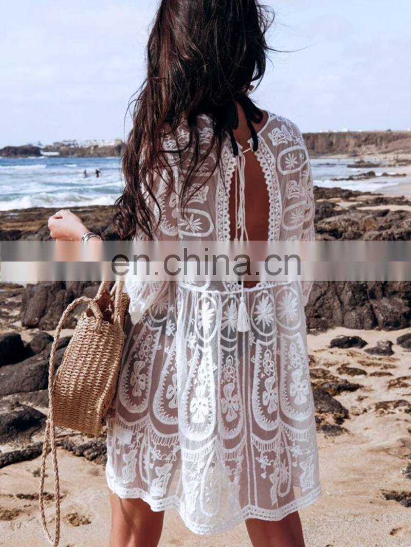 Summer Swimsuit Lace Crochet Hollow Beach Bikini Cover Up Women Tops Swimwear Beach Dress White Beach Tunic Loose Shirt
