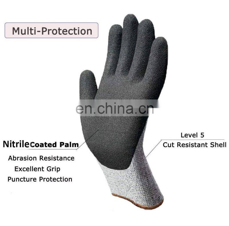 Cut resistance Level 5 HPPE Black Sandy Nitrile Coated Gloves EN388