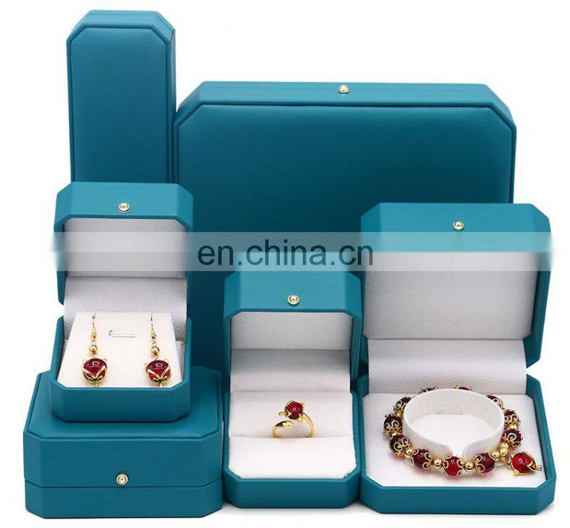 Custom Logo Octagonal Shape Blue Green Color Pu Leather Ring Box