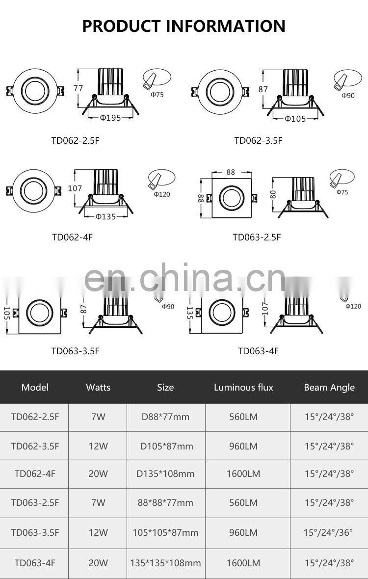 Energy Saving White Trim Recessed Spot Light Ceiling Fixture Indoor 7W COB LED Downlight